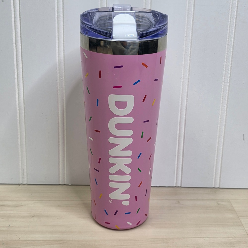 Dunkin Donuts Pink Sprinkle Insulated Stainless Steel Tumbler Travel Mug Lid 24